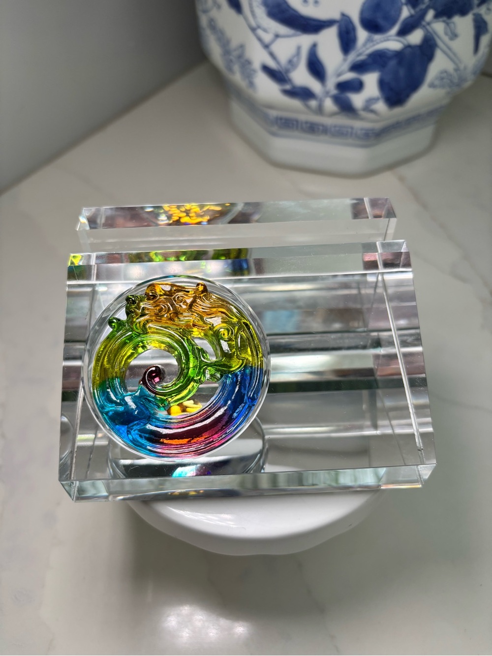 VTG Crystal Land Chinese Art Glass Lazurite Dragon Paperweight Block Sculpture